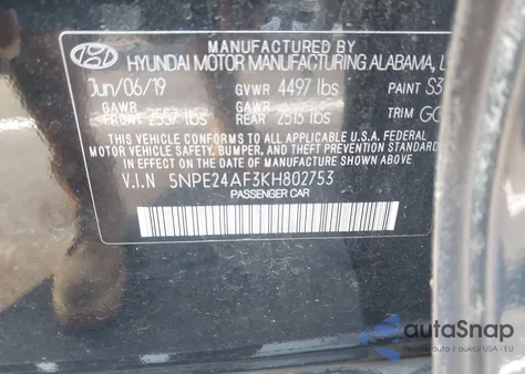 2019 Hyundai Sonata Se z USA, uszkodzony, nr VIN 5NPE24AF3KH802753